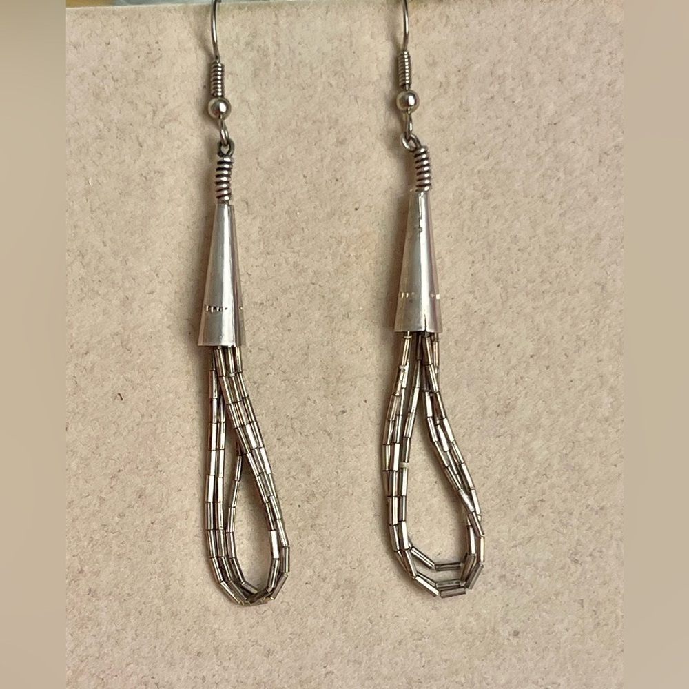 Native American Navajo Sterling Liquid Silver 3 Strand Pierced Dangle Earrings